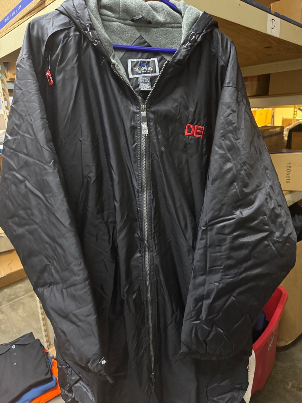 Holloway Men's Black Hooded Long Coat with DEI logo. Multiple sizes